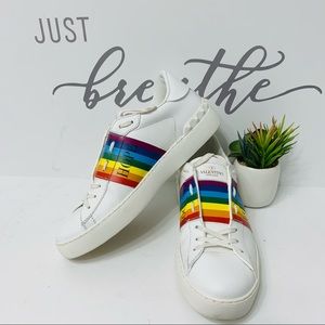 Valentino Garavani White Rainbow Peace Love Rockstud Sneakers Size US 10 UK 40